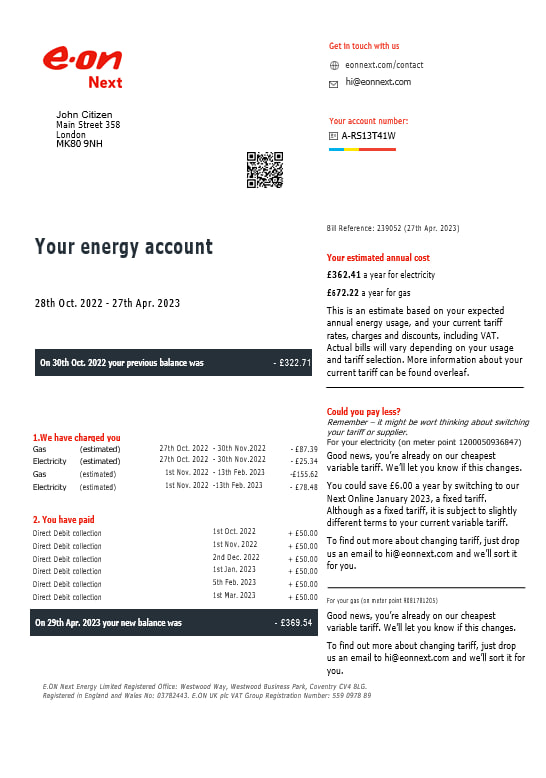 download United Kingdom  Eon gas and electricity utility  bill in Word and PDF formats, version 7 PDF template
